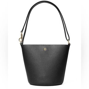 NWT Tory Burch Black Pebbled Leather Bucket Shoulder Bag with Gold Tone Logo